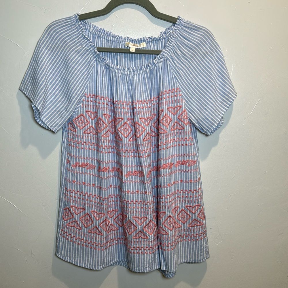 Andree by Unit Blue White Striped Shirt with Pink Embroidery Size Large